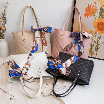 Quilted Tote Bag with Scarf – Large Capacity Women's Shoulder Bucket Bag