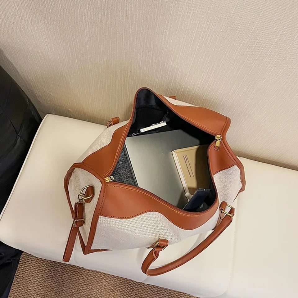 Large Travel Duffle Bag for Women – Vintage Canvas & PU Leather Weekender
