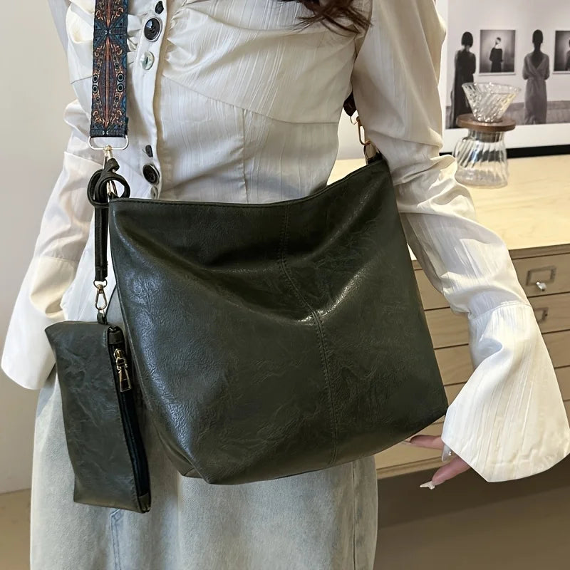 Retro PU Leather Bucket Tote Bag Set with Boho Wide Strap