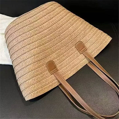 Striped Straw Tote Bag Leather Handles Large Capacity Summer Beach Casual Daily Shoulder Bag Women