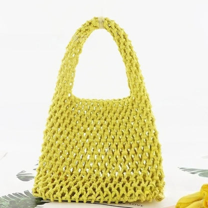 Summer Hollow Woven Cotton Rope Tote Bag Women Handmade Mesh Beach Casual Handbag Shoulder Vacation