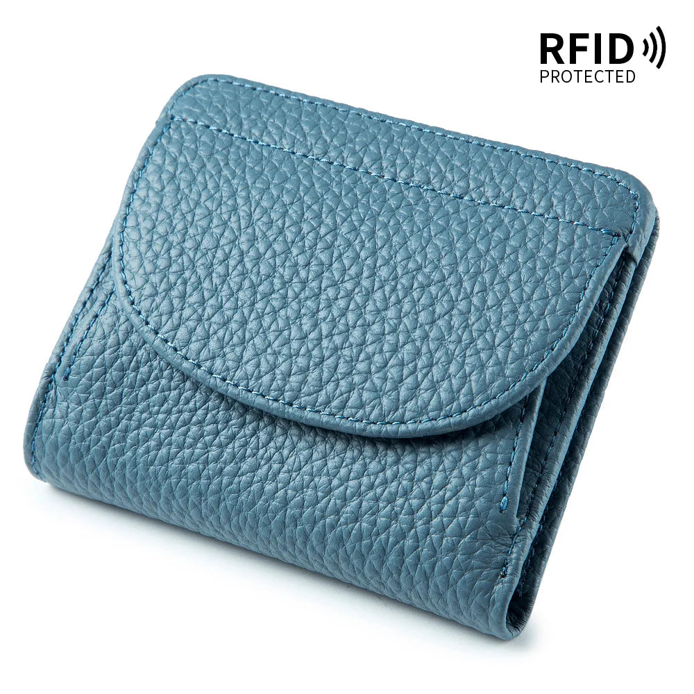 Women Genuine Leather Mini Wallet Rfid Folding Simple Ultra-Thin Small Soft Cowhide Female Card