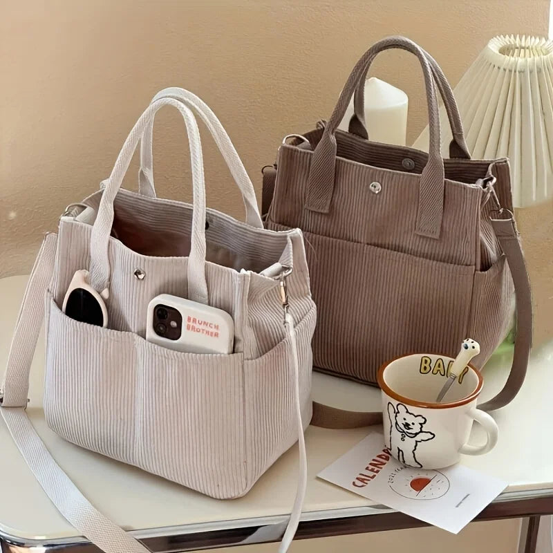 Large Capacity Corduroy Shoulder Bag with Side Pockets