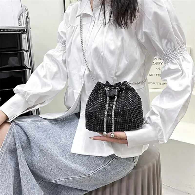 Rhinestone Drawstring Bucket Bag with Chain Strap