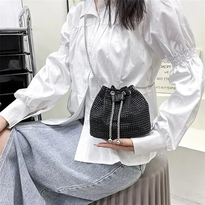 Rhinestone Drawstring Bucket Bag with Chain Strap
