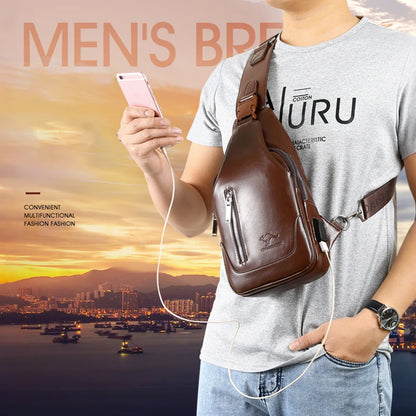 Business Casual Men Chest Bag Usb Port Multi-Pocket Pu Stitched Luster Zipper Shoulder Commute