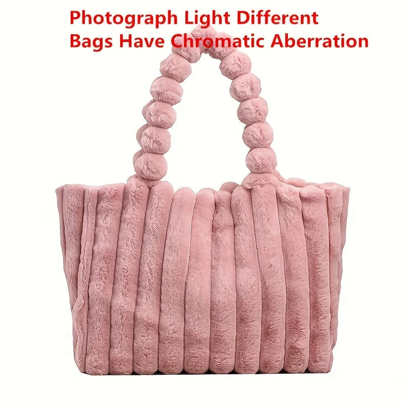 Large Capacity Plush Tote Bag Stiped Faux Fur Shoulder Bag - Soft