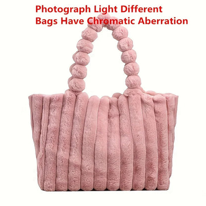 Large Capacity Plush Tote Bag Stiped Faux Fur Shoulder Bag - Soft