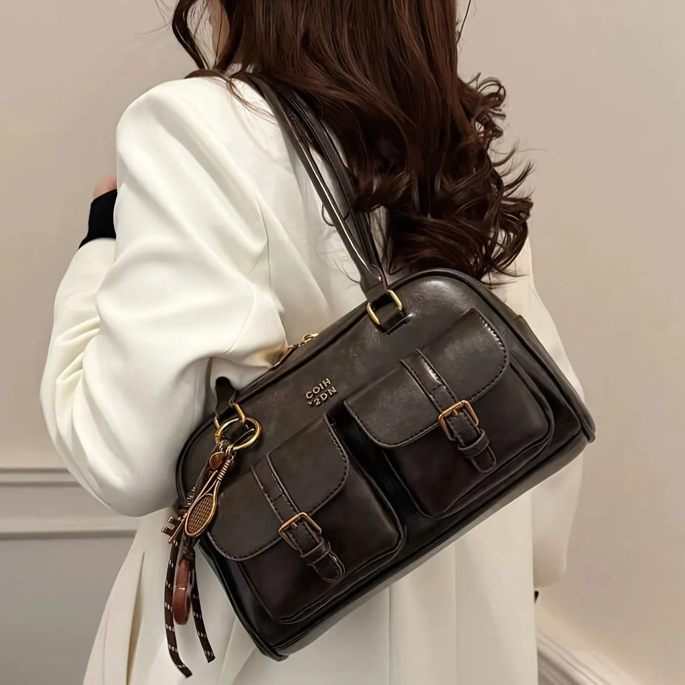 Women's Multi-Pocket Shoulder Bag with Gold-Tone Hardware