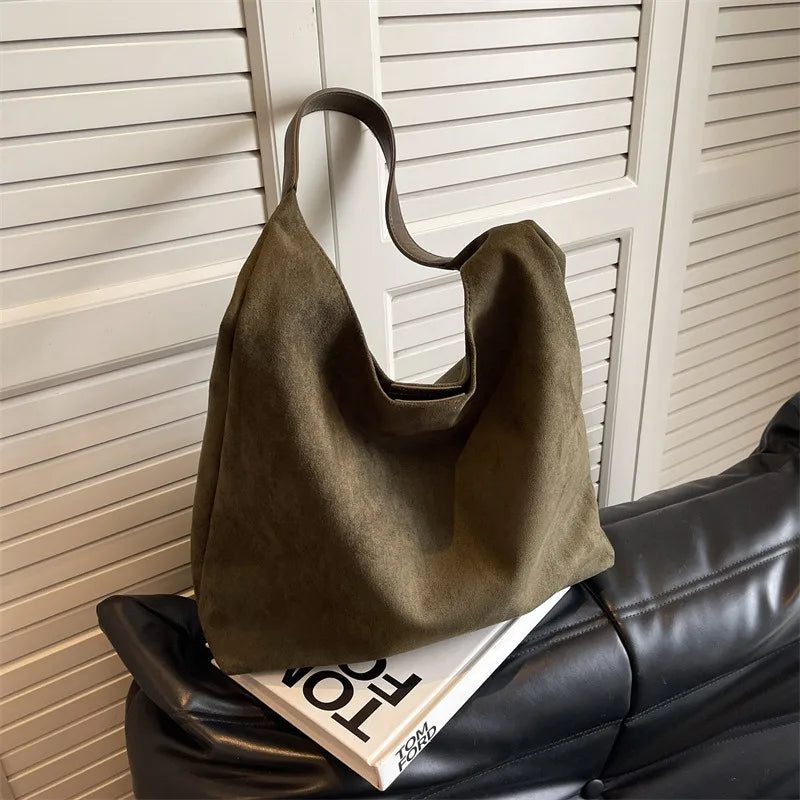 Faux Suede Tote Bag with Makeup Pouch – Large Capacity Women's Shoulder Bag