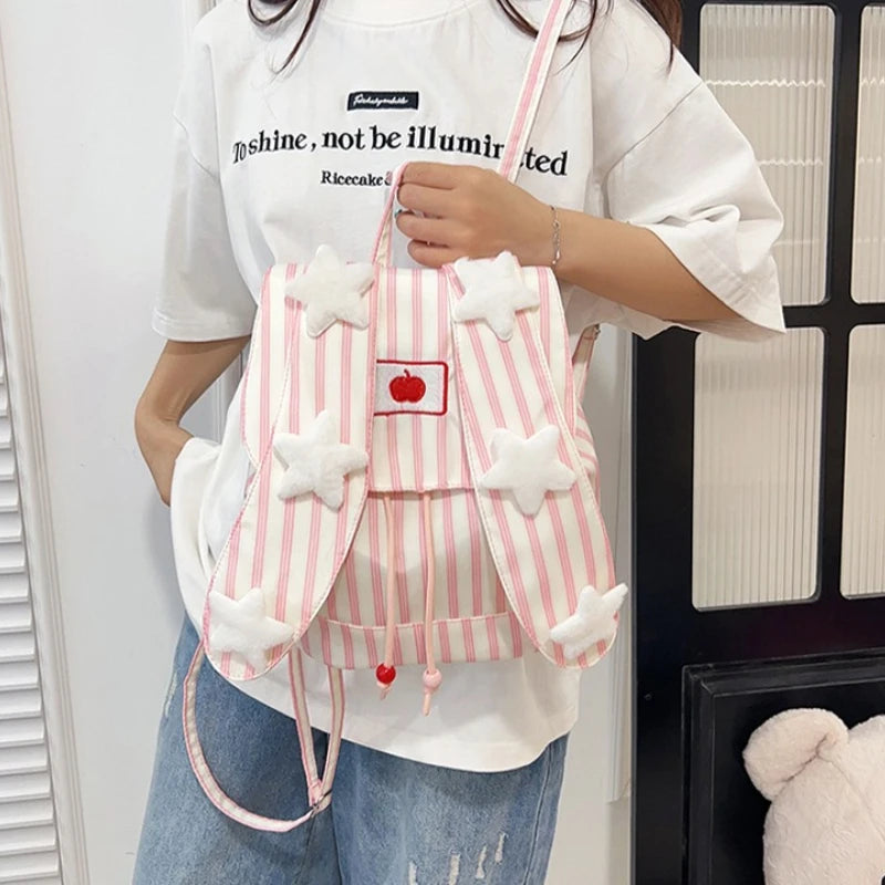 Cute Striped Drawstring Flap Large Capacity Backpack