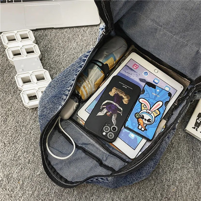 Retro Travel School Bag Students Daily Commute Vintage Washed Denim Backpack