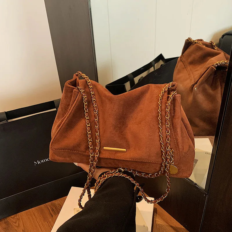 Suede Flap Crossbody Bag – Gold Bar Accent Double Chain Shoulder Purse