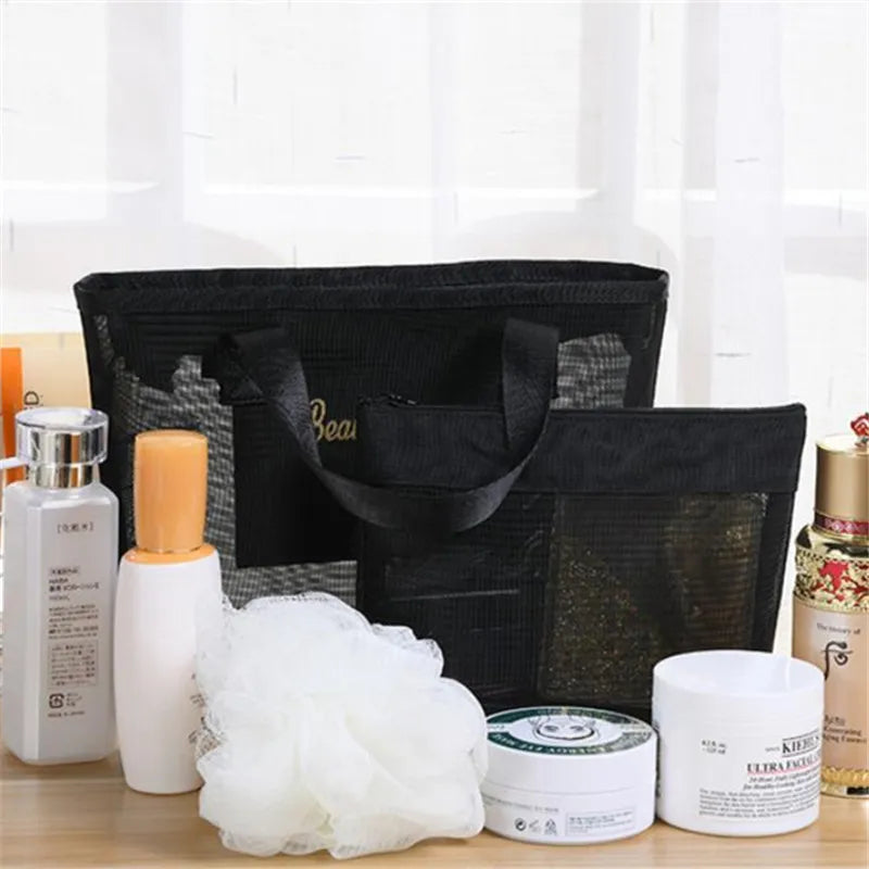 Mesh Tote Bag & Cosmetic Pouch Set – Large Capacity Travel Organizer