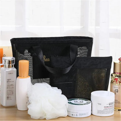 Mesh Tote Bag & Cosmetic Pouch Set – Large Capacity Travel Organizer