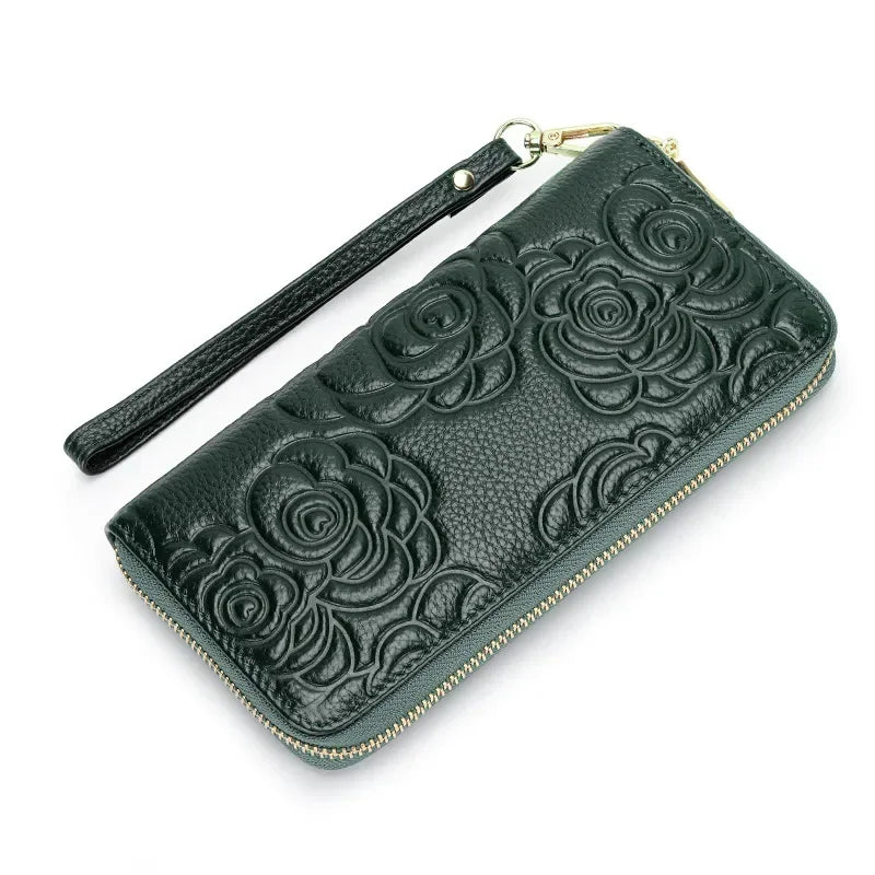 Women S Purse Leather Premium Long Single Zipper Bag Large Capacity Mobile Phone Storage Camellia