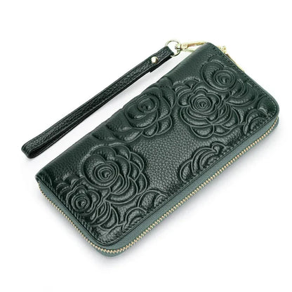 Women S Purse Leather Premium Long Single Zipper Bag Large Capacity Mobile Phone Storage Camellia