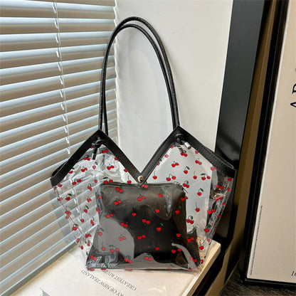 Women Tote Bag Transparent Pvc Cherry Pattern Shoulder Small Commute Shopping