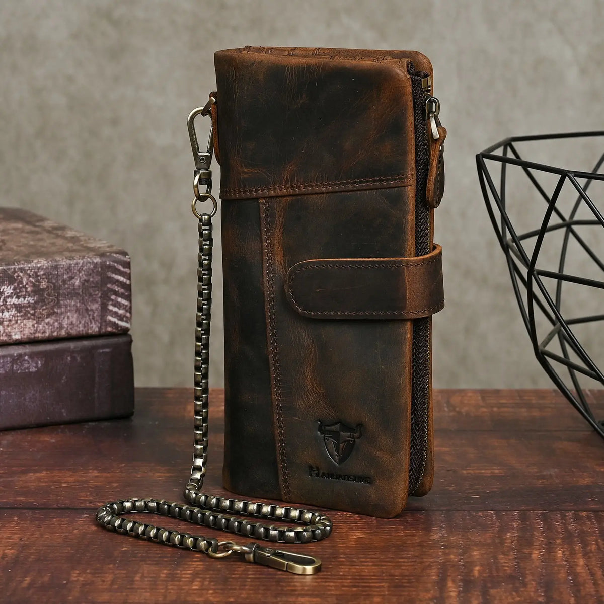 Crazy Horse Leather Men S Multi-Card Long Chain Prevent Loss Large Capacity Clap Mobile Phone