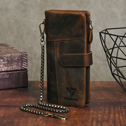 Crazy Horse Leather Men S Multi-Card Long Chain Prevent Loss Large Capacity Clap Mobile Phone