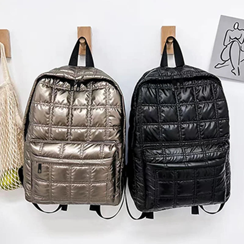 Quilted Metallic Backpack – Multi-Compartment Shiny Daypack for Women