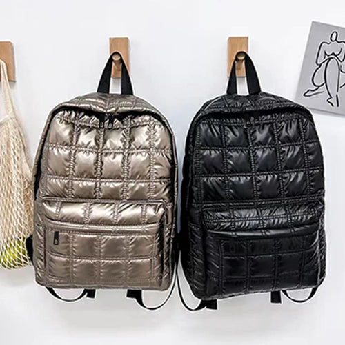 Quilted Metallic Backpack – Multi-Compartment Shiny Daypack for Women