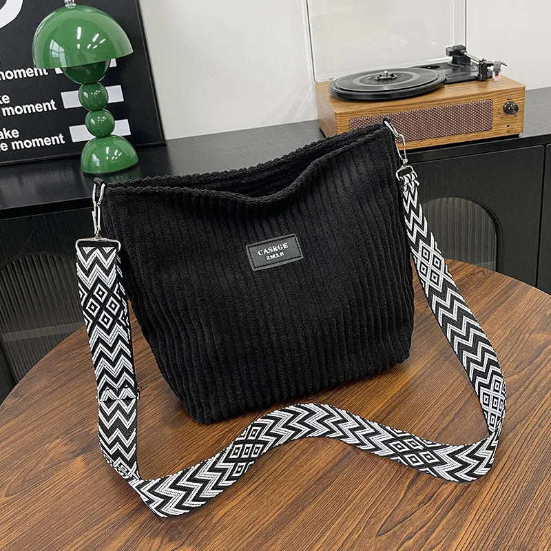 Corduroy Crossbody Bag with Wide Boho Strap