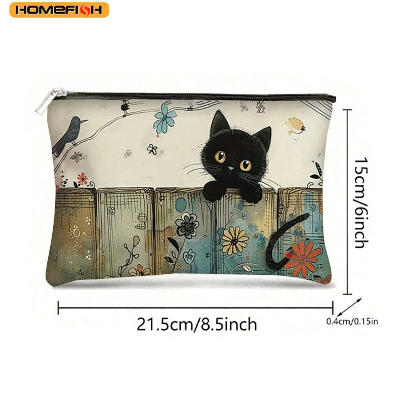 1 Homefish Vibrant Black Cat Floral Zipper Cosmetic Bag