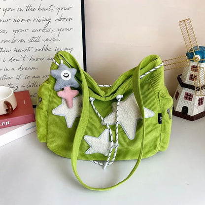 Y2K Corduroy Star Tote Bag with Plush Star Decor