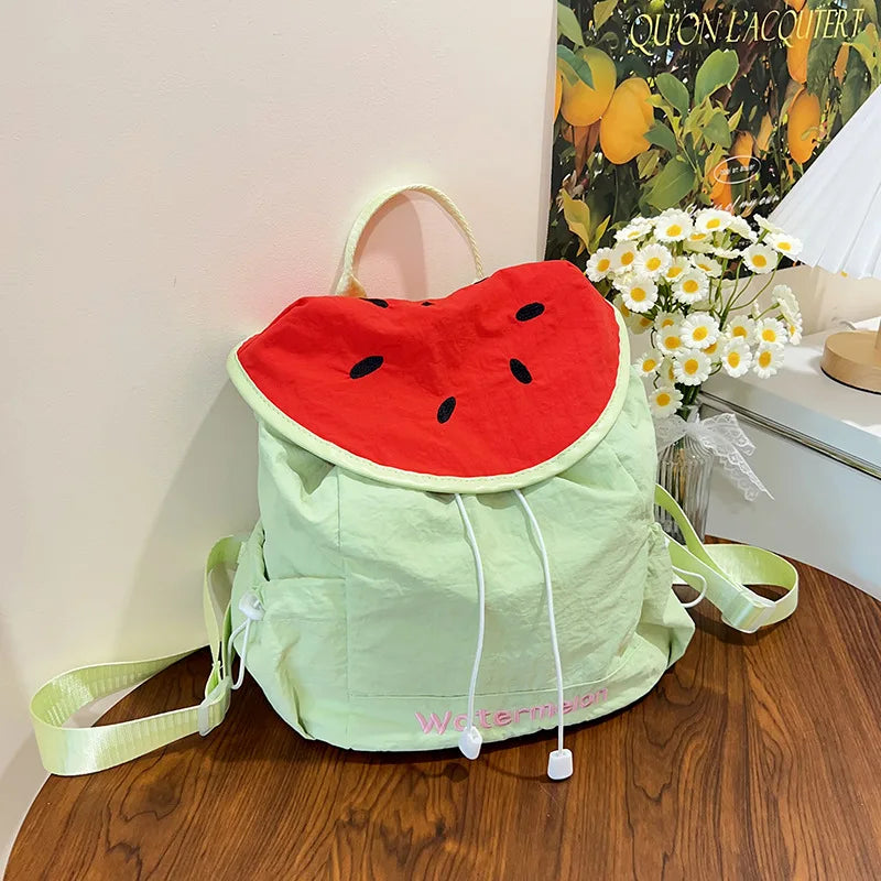 Cute Watermelon Flap Drawstring Backpack Fruit Print Small Rucksack Top Handle