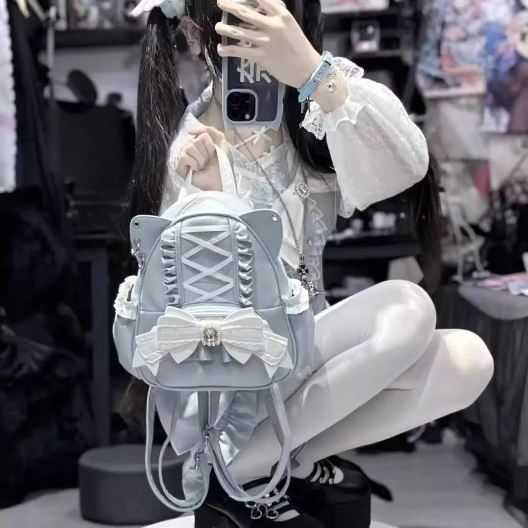 Cat Ear Backpack for Women – Lolita Lace Bow Y2K Punk Knapsack