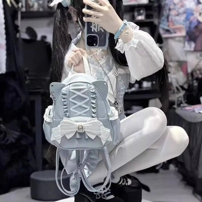 Cat Ear Backpack for Women – Lolita Lace Bow Y2K Punk Knapsack