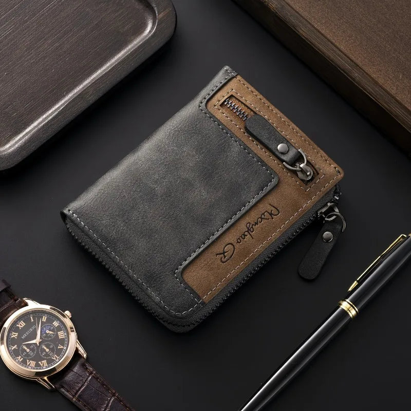 Men's Leather Bifold Wallet – Multi-Card Slots & Zipper Coin Pocket
