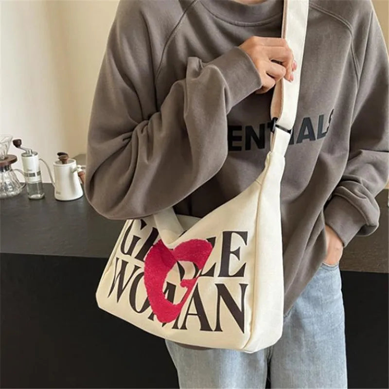 Encrypted Padded Letters Canvas Bag Fashionable Gentlewoman Shoulder Chic Pattern Daily Use Work