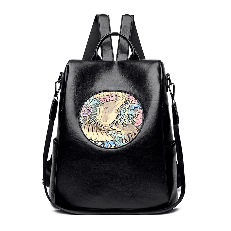 Anti-Theft Backpack with Deer & Elephant Print – 3-in-1 Waxed Leather Shoulder Bag