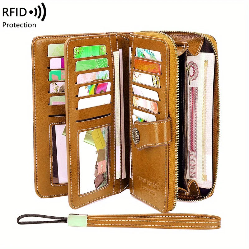 RFID Blocking Vintage Leather Wallet – Large Wristlet Clutch for Women