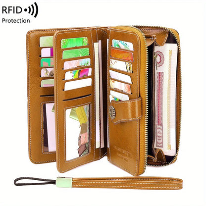 RFID Blocking Vintage Leather Wallet – Large Wristlet Clutch for Women