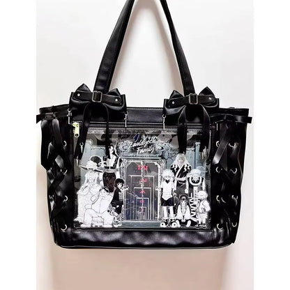Japanese Sweet Women Ribbon Ita Bag Cute Lolita Girl Transparent Handbags Large Capacity Tote