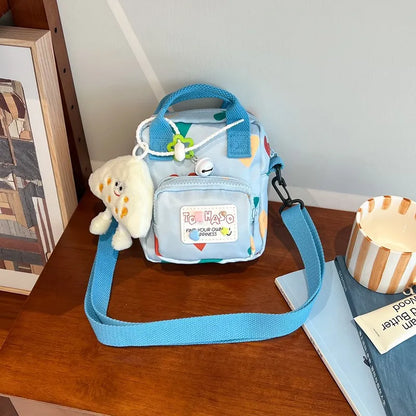 Cute Plush Charm Mini Crossbody Bag Two Tone Canvas Shoulder Purse Adjustable Strap Cartoon Handbag