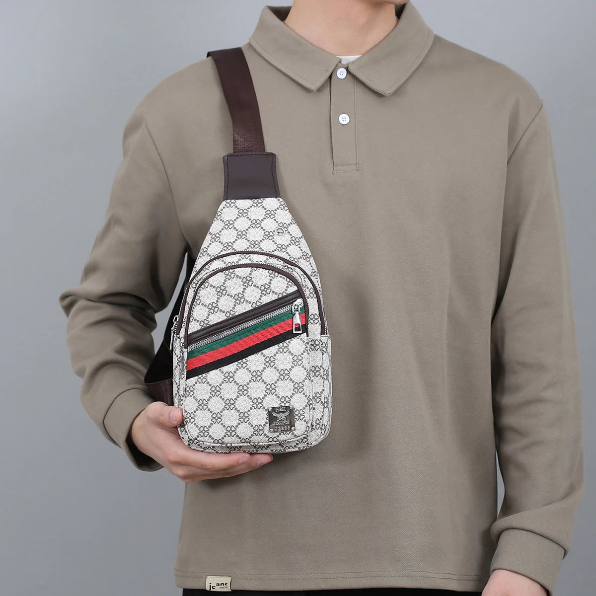 Sporty Functional Chest Bag Men Women Geometric Print Multi-Pocket Pu Headphone Port Shoulder