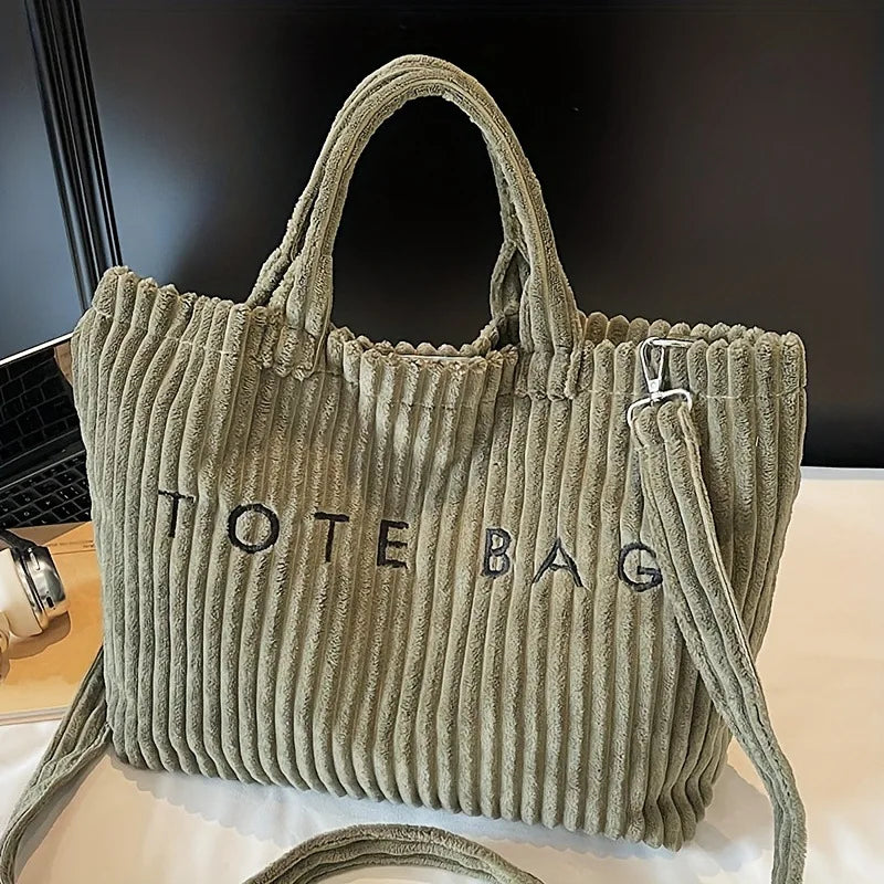 Striped Velvet Tote Bag – Large Capacity Women's Shoulder & Crossbody Handbag