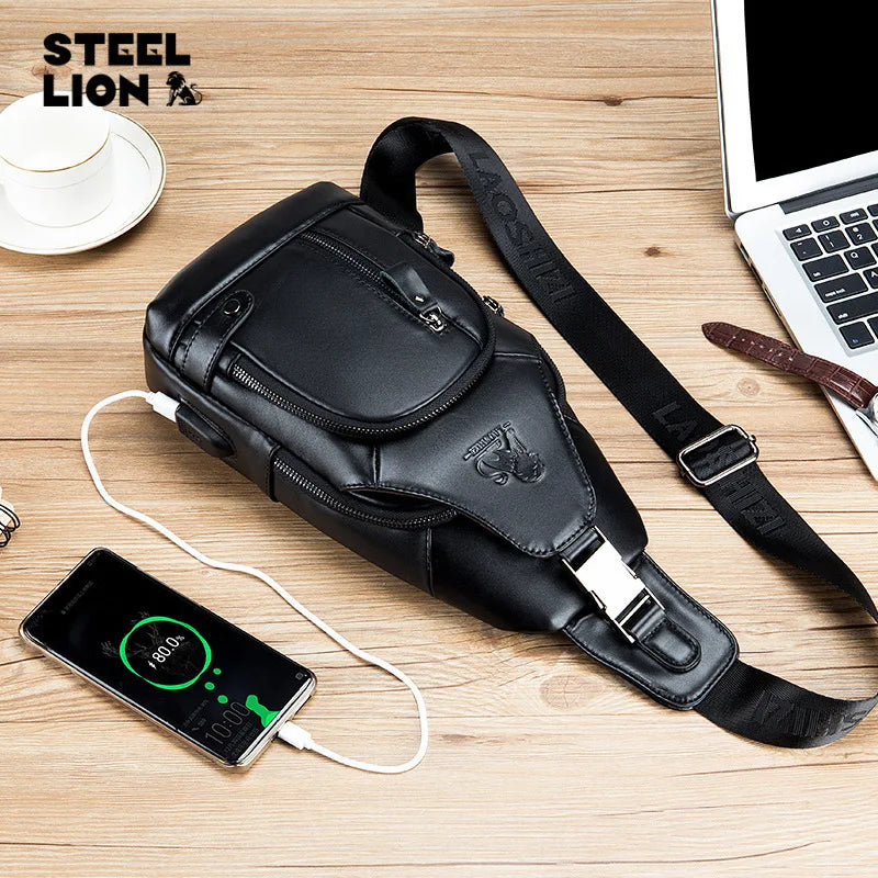 Leather Chest Bag Man Cross-Body Backpack Usb Multi-Function Large Capacity Front Satchel