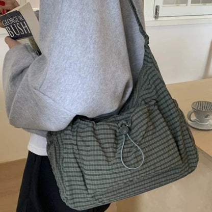 Korean Nylon Shoulder Bags Simple Plaid Zipper Tote Drawstring Pleated Cloud Commuter Crossbody Bag
