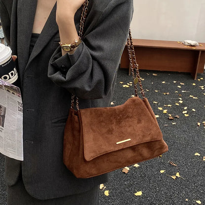 Suede Flap Crossbody Bag – Gold Bar Accent Double Chain Shoulder Purse