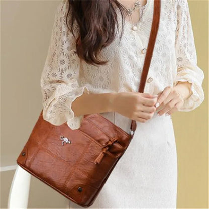 Soft Washed Leather Crossbody Bag – Retro Multi-Pocket Shoulder Messenger