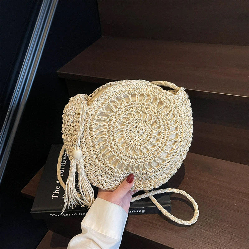 Women Hollow Straw Bag Circle Rattan Round Soft Paper Rope Shoulder Tassel Summer Beach Handmade