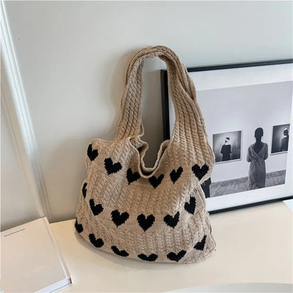 Knitted Heart Tote Bag – Women's Handmade Shoulder Bag