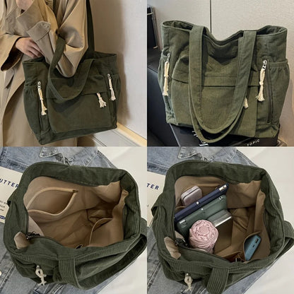 Corduroy Tote Bag with Multi Pockets & Tassel Zippers