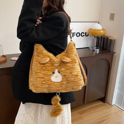 Korean Style Plush Cute Cat Underarm Bag Women Winter Handbag Shoulder