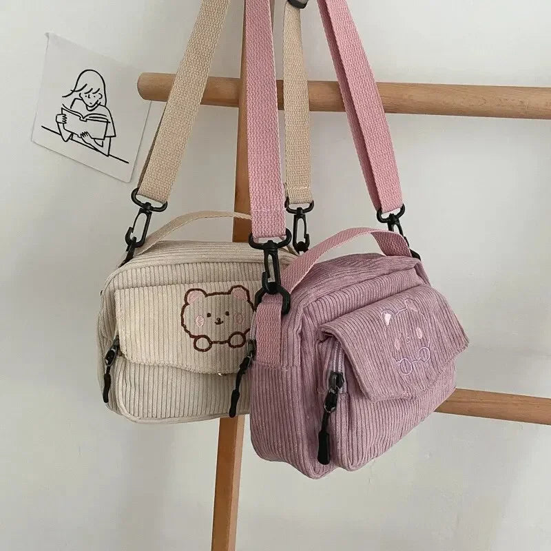 Teddy Bear Embroidered Corduroy Crossbody Bag for Teens